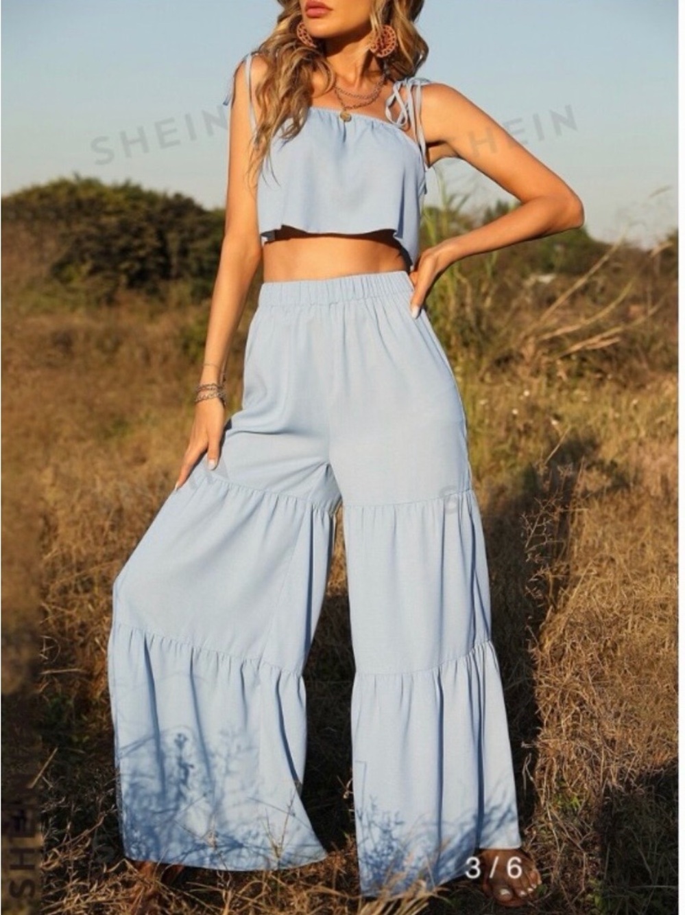 SHEIN Light Blue Wide-Leg Tiered Palazzo Pants